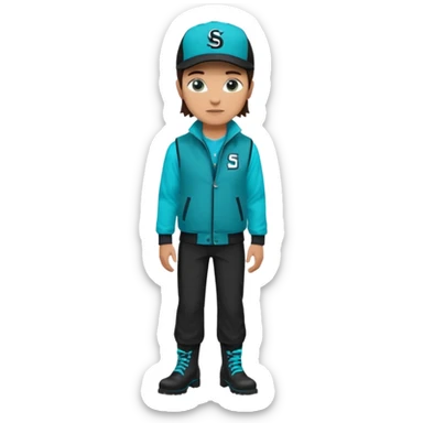 A landscaper in a beautiful turquoise jacket with long sleeves and turquoise boots, black pants, and a black sleeveless shirt. On his head is a black Swissotel baseball cap. The girl is a brunette with blue eyes. sticker