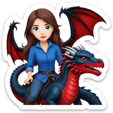 Me, a white female with long brown hair, and blue eyes, wearing black and red, and riding a very black wyvern dragon with hints of red, to your work sticker