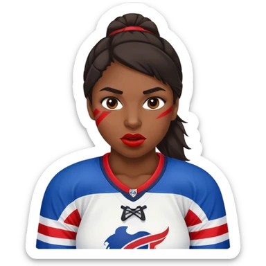 Mujer jugadora de hockey morocha con camiseta rayada horizontal de color azul, blanco y rojo, mordiendose la boca sticker
