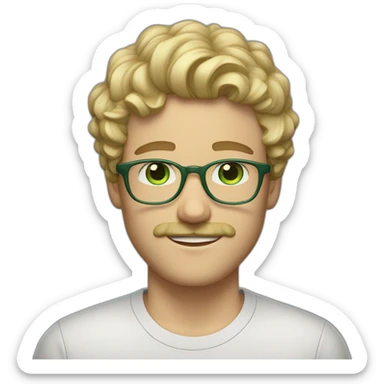 young adult white man with short, curly blond hair, green eyes, transparent acetate glasses, a mustache, and a short beard. sticker