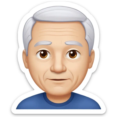 Charismatic older Hispanic man with light skin, round face, wide jaw. Lively dark brown eyes that look humorous. Thick straight eyebrows. Short white hair with receding hairline. Clean-shaven. Wearing a dark blue shirt. sticker