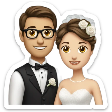 Wedding couple. Bride has brown hair pinned up. She wears lace dress. She has brown eyes. Groom has black tuxedo. He has black hair. He wears glasses. He has blue eyes. sticker