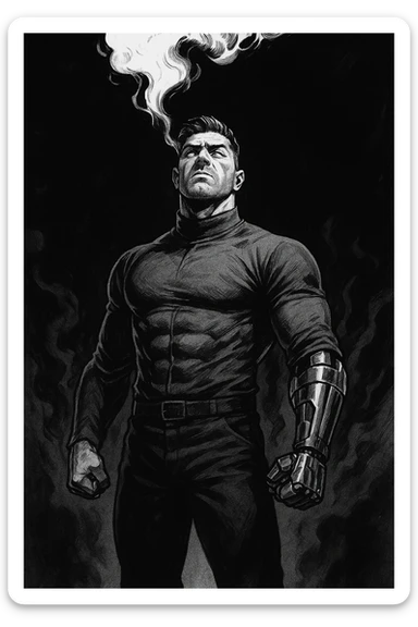 Black and white comic book panel of an extremely muscular Italian man with cybernetic implants standing in the dark, surrounded by smoke. He is wearing a long-sleeved shirt with a high collar, and his chest is sculpted. sticker
