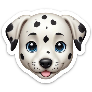 Cinematic Cute Spotted Dalmatian Portrait Emoji, Head tilted playfully and inquisitively, featuring a glossy Fur of predominantly white with dynamic black patches, round, sparkling blue eyes filled with gentle curiosity, Simplified yet irresistibly adorable features, highly detailed, glowing with a warm, friendly glow, high shine, affectionate and gentle, stylized with a touch of whimsy, bright and endearing, soft glowing outline, capturing the essence of a mischievous yet loving pup, so playful it feels like it could lumber out of the screen and into your arms! sticker