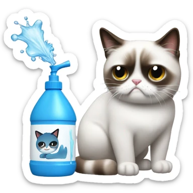 Spray bottle spraying water at a grumpy cat sticker