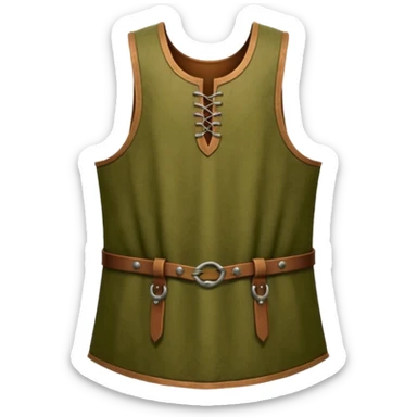 A stylized 3D render of a sleeveless medieval tunic, olive green fabric, scoop neck with a small keyhole opening fastened by brown leather toggles. sticker