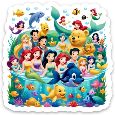 Icon for Animated Characters: A colorful, large-scale collage of beloved cartoon characters, including Franco, Mickey Mouse, Winnie-the-Pooh, Ariel the Little Mermaid, Jasmine and others. Bright and vibrant, full of whimsical charm. Transparent background. sticker