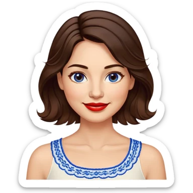 Confident 40-year-old woman with healthy glowing skin, round cheeks, warm smile, expressive light brown eyes, red lipstick, wavy dark brown shoulder-length hair, summery white top with blue embroidery and electric blue neckline sticker