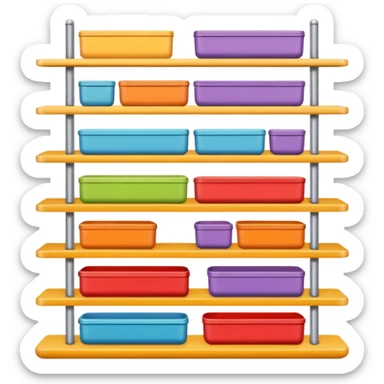 "Each product is stocked in multiple units placed directly behind one another on the same shelf, forming deep horizontal lines of identical items, while different product types are arranged vertically in separate columns." sticker