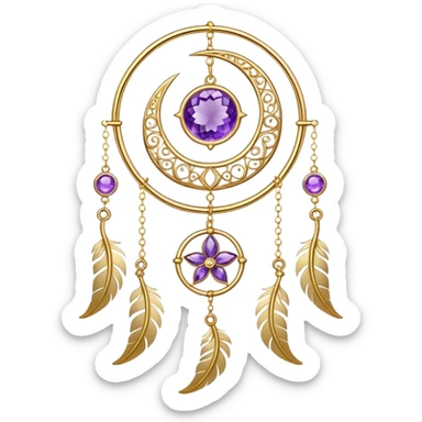 Epic beautiful gorgeous cute gold suncatcher, threads with shiny sparkly amethyst gemstones, flowers, crescents-moons, stars, gold Feathers  sticker