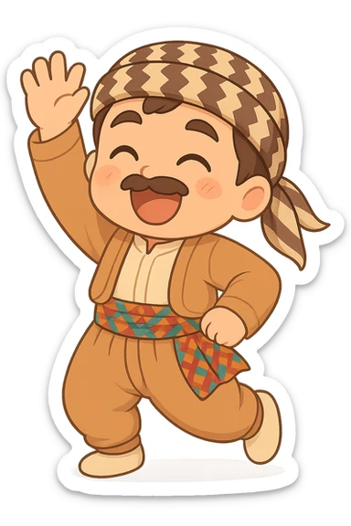 Create a chibi Kurdish cartoon sticker based on the reference image, showing a greeting (waving hello) expression, with a transparent background. sticker