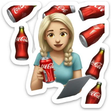 tired girl with laptop drinking coca-cola sticker