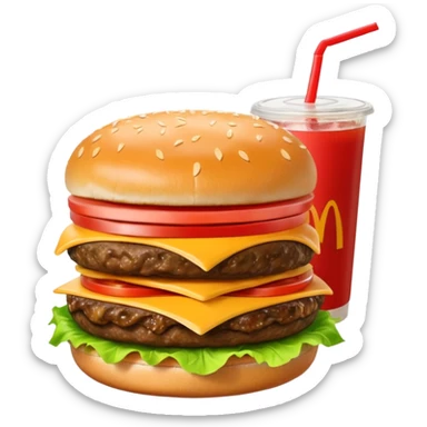 i want a Cheeseburger and Fries with a angle to 15–20° gentle bird’s-eye angle with a cold drink with ice cube with straw with some fries thicker like McDonald's french fries sticker