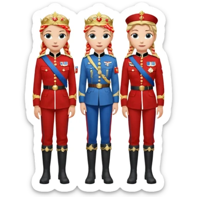 Blonde single braided haired Elsa and brown double braided haired Anna arendelle are same wearing gold tiara white military tunic arm badge shoulder cord medal red sash blue belt black trouser with both side red stripe white overknee boots full body view sticker