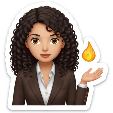 medium deep tan brown business woman with long black curly hair, light rosy cheeks, smoky eyes, dark brown eyes, wearing a dark brown blazer, white shirt sticker