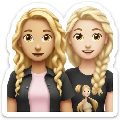 White blonde girl with long braids in light pink shirt, white redhead girl long wavy hair in black shirt sticker