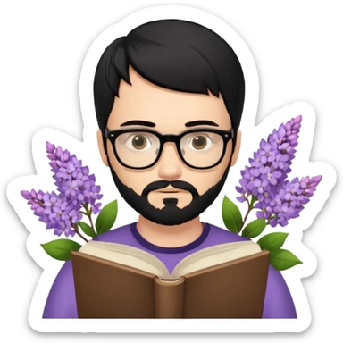 young white man with black beard, straight hair, brown eyes, wearing black glasses, reading a lilac book, looking at the book sticker