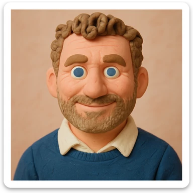 Create a claymation-style portrait emoji of the person in the reference image, looking a bit younger with a friendly expression. Use pastel colors and include visible clay texture. Focus on head and shoulders only. sticker