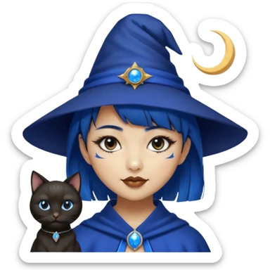 an asian short haired girl with electric blue highlighted short raven hair with bangs, with her silver left eye and dark brown right eye, with black cat eyed style eyeliner, and smirk of natural toned lipstick, with wizard hat with moon emblem on his hat. sticker
