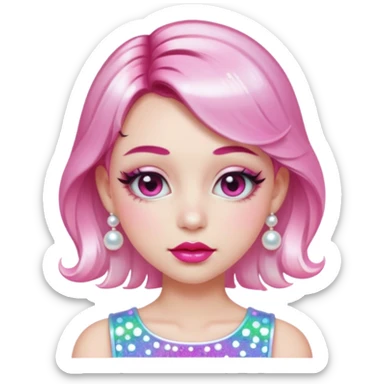 “Emoji girl, glossy pink eyelids, ombré cherry lips, soft contour, subtle glitter under eyes, pearl hair clips, trendy hairstyle, iridescent modern top.” sticker