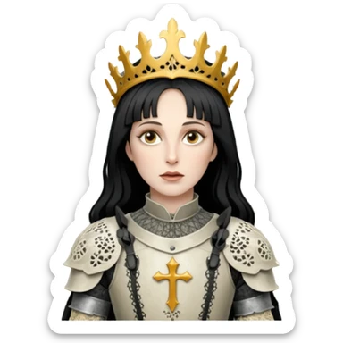 realistic cinematic actress Cher in Victorian lace styling like Joan of Arc dirty damaged armor in a forest sticker