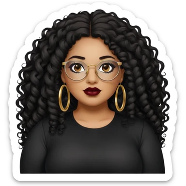 big plus size, latina, darker tan skin, gold hoops, long black curly hair, baddie,pretty, makeup, dark red lipgloss, black eyeliner, long hair, black shirt, black glasses sticker