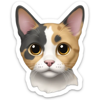 older diluted calico, white chin, black and pink nose, mostly dark grey with whiteish beige forehead sticker