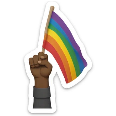 Person holding fist up kneeling on ground rainbow flag behind sticker