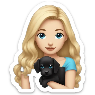 girl with straight blonde hair and blue eyes holding a black fluffy puppy sticker