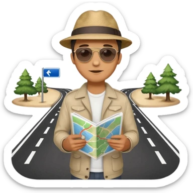 A man stands on a road with a map. There are 3 paths ahead. sticker
