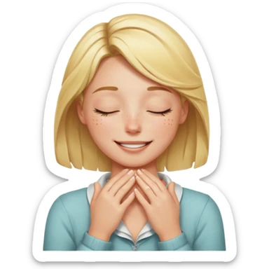 Happy blonde girl with eyes closed and mouth smiling and hands cupped around her neck sticker
