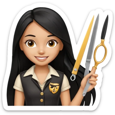 a pretty tan bratz girl with black long straight hair smiling and holding scissors sticker