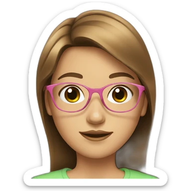 teen girl with brown square hair, green eyes, pink gold glasses sticker