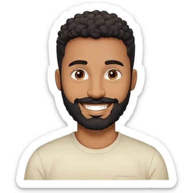 Man in his 30s with medium brown skin. Round face with friendly expression. Dark eyes with cheerful look. Thick eyebrows. Wide nose. Full black beard, well-trimmed. Short curly black hair with fade cut. Wearing a cream t-shirt. Big smile. sticker