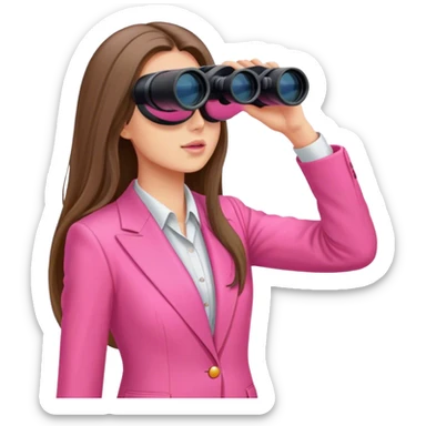 woman with long hair in an intensive color pink suit looking through binoculars, front viewi sticker