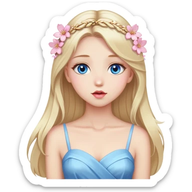 Girl with long blond hair and sakura accessories on her hair with a long dress and have blue eyes beautiful finish and she sending lovely kisses  sticker