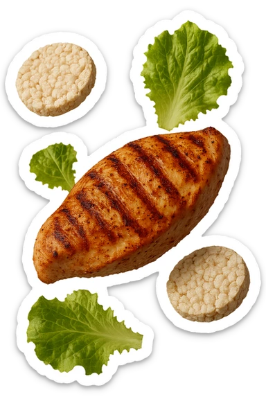 petto di pollo grigliato fluttua in aria insieme a gallette di riso e foglie di insalata, iperrealistico 4k sticker