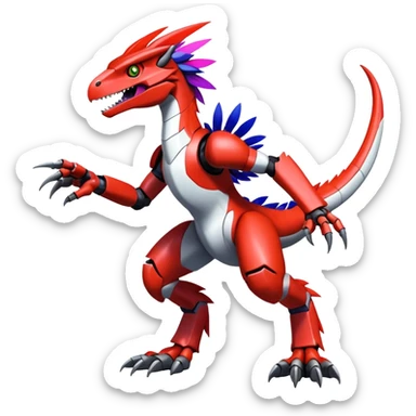 Furry feather-mane Cool Edgy Futuristic shiny colorful Digimon-Fakemon-Guilmon-Velociraptor-Mecha full body   sticker