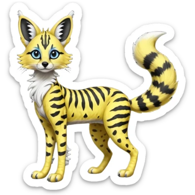 Edgy cool beautiful elegant spotted hype-realistic, black-maned, vibrant yellow Genet-Serval-Sergal-Margay-Fox-fusion-hybrid-furry-fursona, long muzzle snout, full body, with a long puffy fluffy black-and-white-striped tail, black long big ears, with natural blue eyes sticker