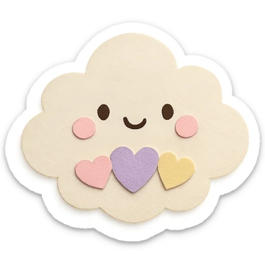 kawaii puffy cloud holding tiny pastel hearts, soft pastel colors, no limbs, full body, paper craft style sticker