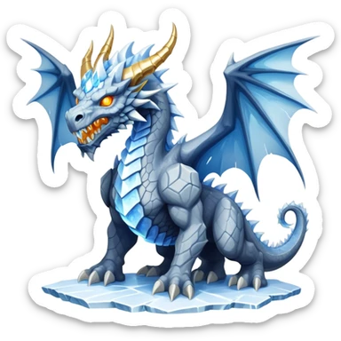 This extraordinary hybrid creature combines the elemental power of an ice dragon with the raw physical might of a stone golem. Its core body resembles a cluster of angular, faceted stones that have been infused with magical ice energy. The creature's head features a draconic shape with curved horns and piercing amber-gold eyes, but parts of its face retain the jagged stone texture. Blue-white energy flows between the gray rock segments, creating glowing lines throughout its body. The creature has developed partial wings made of crystalline ice formations extending from its rocky frame, and its tail alternates between stone segments and ice spikes. Sharp teeth line its mouth, some appearing as polished stone, others as ice crystals. Frost continuously emanates from its body, and when it moves, it creates a distinctive sound of grinding stone and crackling ice. full body sticker