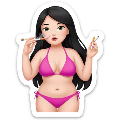 caucasian curvy girl smoking in pink bikini, long straight black hair, sfw pose sticker