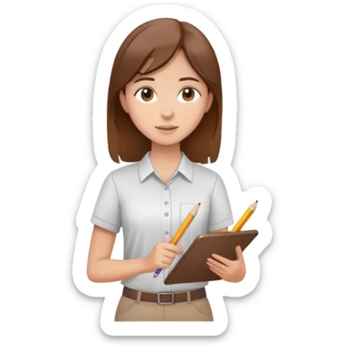 Intern or volunteer with brown hair holding a clipboard and pencil, ready to take notes or assist. The character wears a simple shirt and has an eager posture sticker