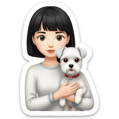 Girl with short black hair and bangs holding a white schnauzer dog sticker