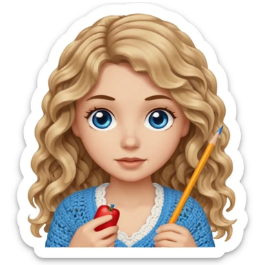 White Girl with long light brown slightly blonde ish wavy hair and blue eyes who likes crocheting sticker