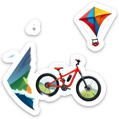 An emblem-style design representing extreme sports and lifestyle, featuring symbols of adventure such as a mountain, a sea, a kite, and a bike. The design is bold and dynamic, with sharp lines and energetic colors, capturing the essence of thrill, freedom, and adrenaline. sticker
