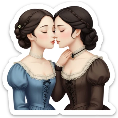 Two Victorian women sharing a gentle kiss, eyes closed, one with dark hair and one with light hair, both wearing modest dark Victorian dresses sticker