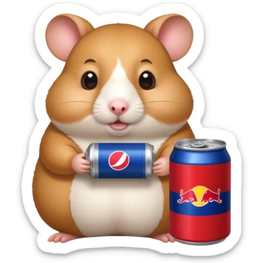 Funny cartoon-style fat hamster wide eyed with a can of redbull sticker