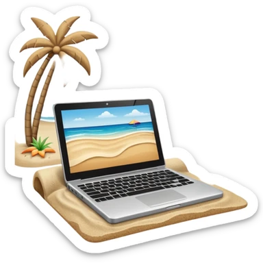  An open laptop in the foreground on the beach. sticker
