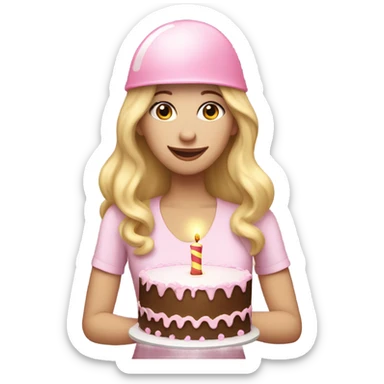 White woman, long hair, blonde hair, wavy hair, baby pink party hat, holding birthday cake sticker